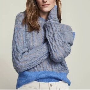 Veronica Beard Riola Two Tone Mohair Blue Alpaca Cable Knit Grandpa Sweater